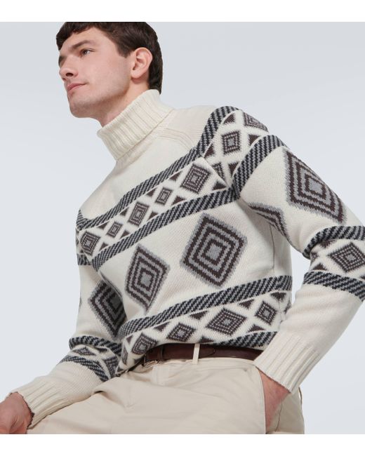 Brunello Cucinelli White " Jacquard" Turtleneck Sweater for men