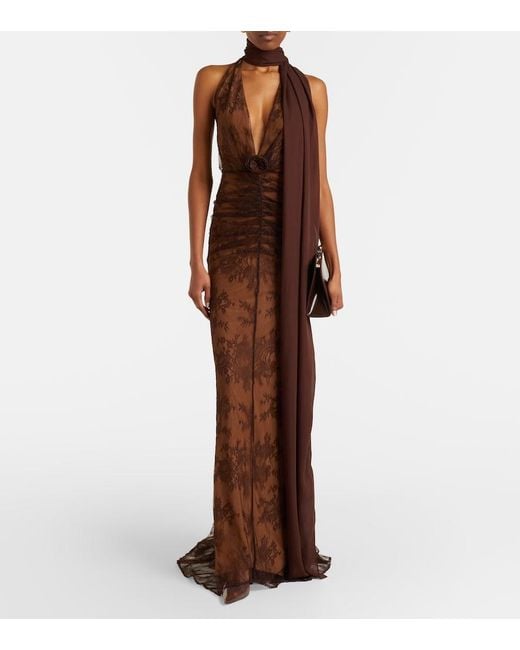 De La Vali Brown Amora Scarf-Detail Ruched Lace Maxi Dress