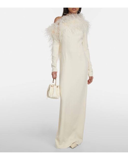 ‎Taller Marmo Natural Garbo Feather-trimmed Crepe Gown