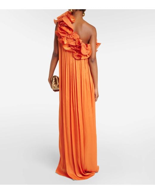 Costarellos Orange One-shoulder Appliquéd Lamé Gown