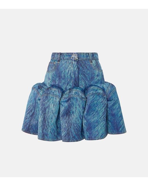 Mini-Jupe Imprimee En Jean A Ornements Area en coloris Blue