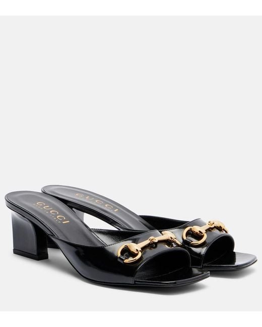 Gucci Black Signora Horsebit Patent Leather Mules