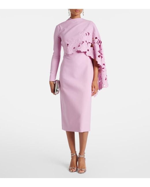 Oscar de la Renta Pink Cape-Detail Wool-Blend Midi Dress