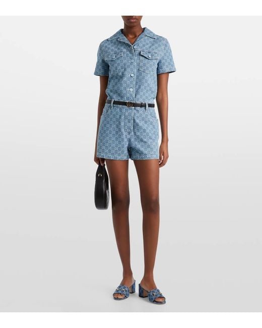 Gucci Blue Horsebit Gg Denim Sandals