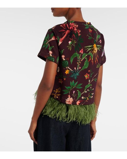 LaDoubleJ Red La Scala Feather-Trimmed Printed Cotton T-Shirt