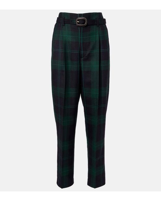 Polo Ralph Lauren Blue Belted Checked High-Rise Wool Tapered Pants