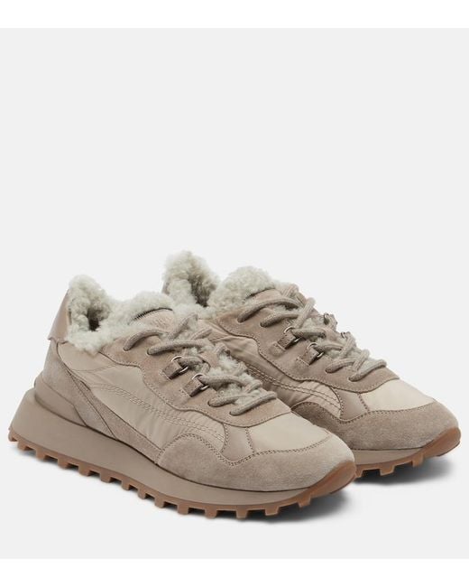 Brunello Cucinelli Gray Shearling-Trimmed Sneakers