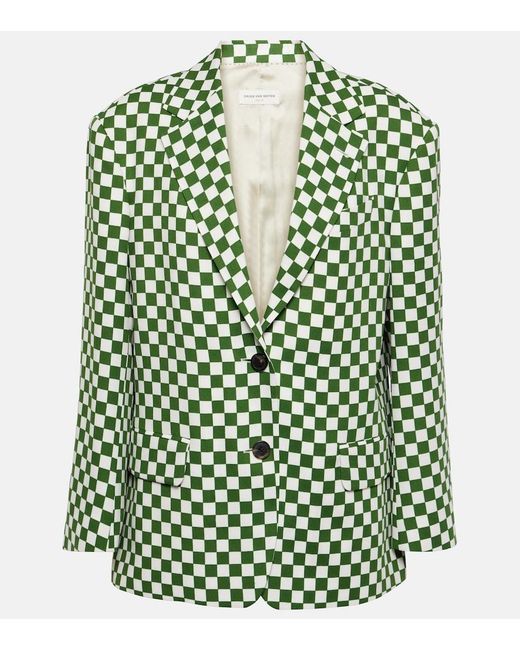 Dries Van Noten Green Checked Single-Breasted Blazer