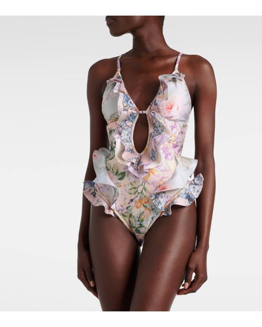 Zimmermann White Halliday Waterfall Frill Ruffled Floral Swimsuit