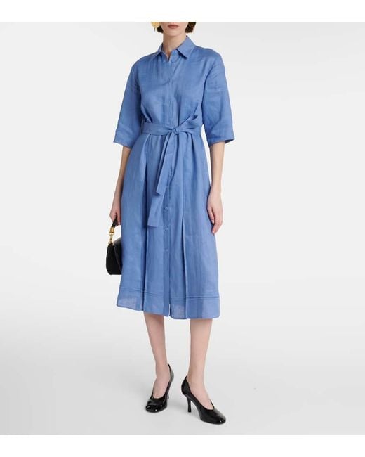 Max Mara Blue Nocino Pleated Linen Midi Dress