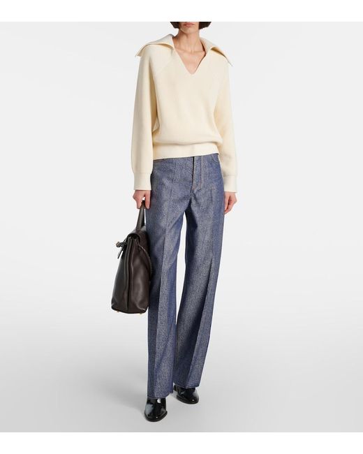 Bottega Veneta Blue Trompe L'Oil Wool And Cotton Wide-Leg Pants