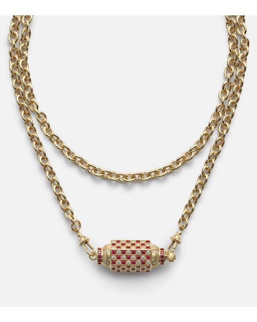 Marie Lichtenberg Metallic Check 18Kt Locket Necklace With Diamonds And Rubies