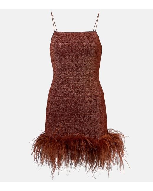 Oseree Brown Lumiere Plumage Feather-Trimmed Minidress
