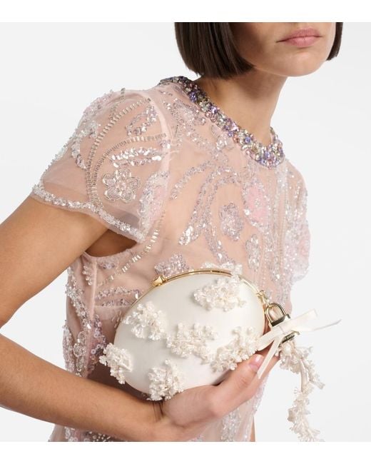 Self-Portrait White Oval Small Embellished Satin Clutch