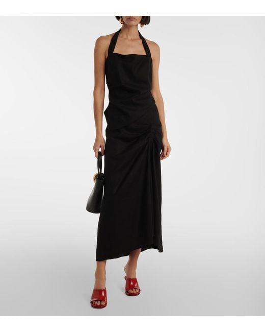 Sir Black Dorian Ruched Linen-Blend Midi Skirt