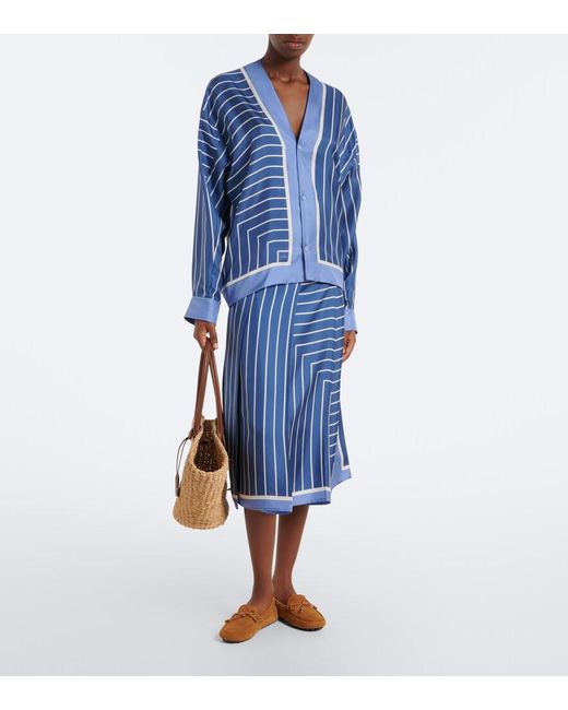 Tod's Blue Striped Silk Midi Skirt