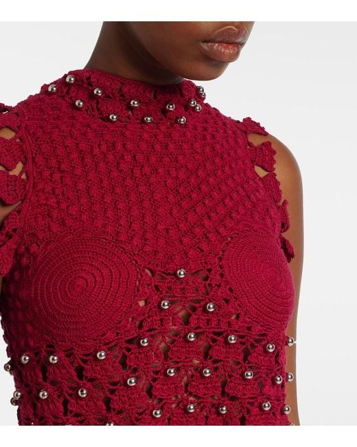 Rabanne Red Embellished Crochet Cotton Top