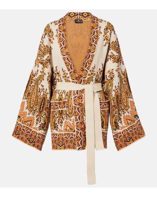 Etro Brown Jacquard Cotton-Blend Wrap Cardigan