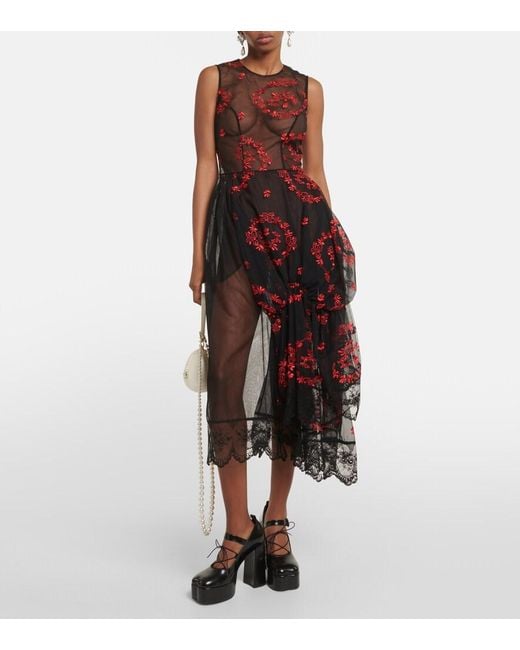 Simone Rocha Black Floral Embroidered Tulle Midi Dress