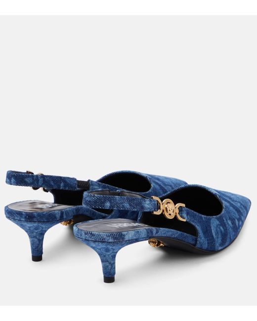 Versace Blue Barocco Denim Slingback Pumps