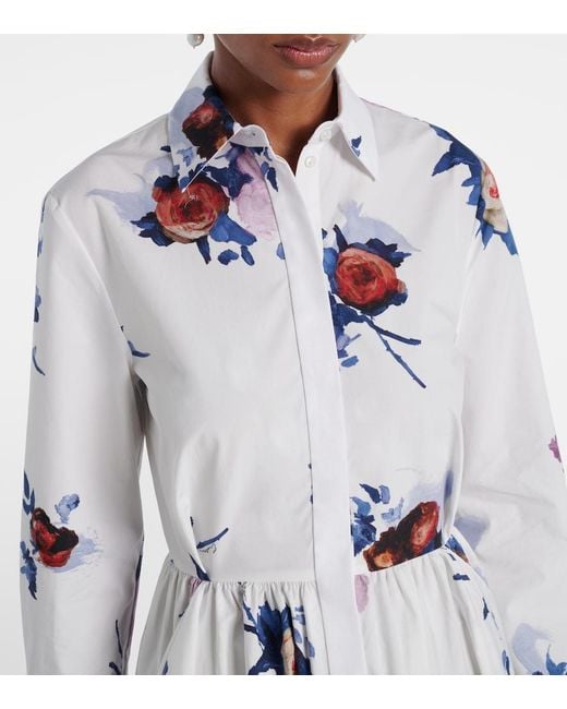 Erdem White Floral-Print Long-Sleeve Cotton-Poplin Midi Shirt Dress