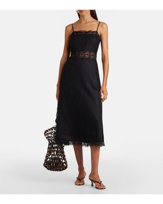 Staud Black Amalina Lace-Trimmed Linen Midi Dress