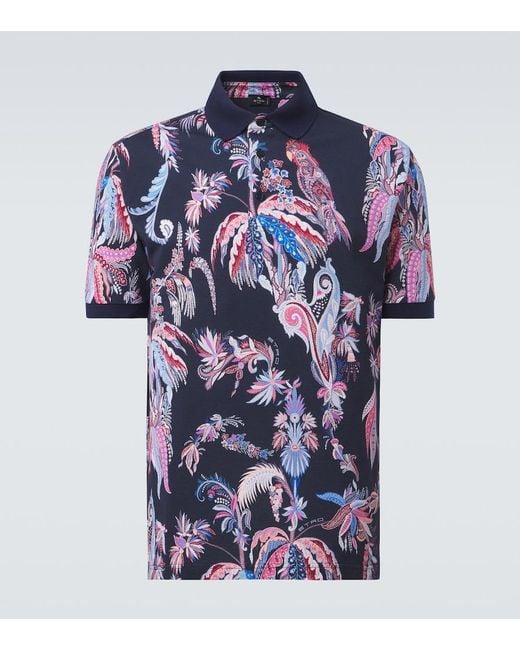 Etro Blue Printed Cotton Pique Polo Shirt for men