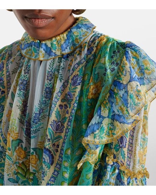 Etro Green Floral Ruffled Silk Blouse