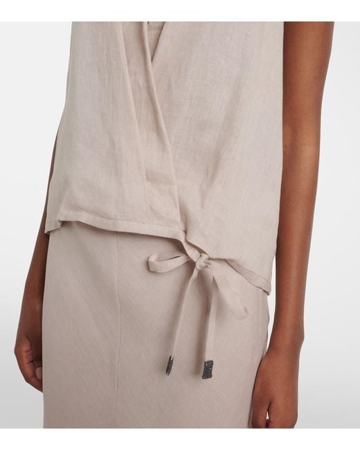 Brunello Cucinelli Natural Monili Halterneck Linen Wrap Top