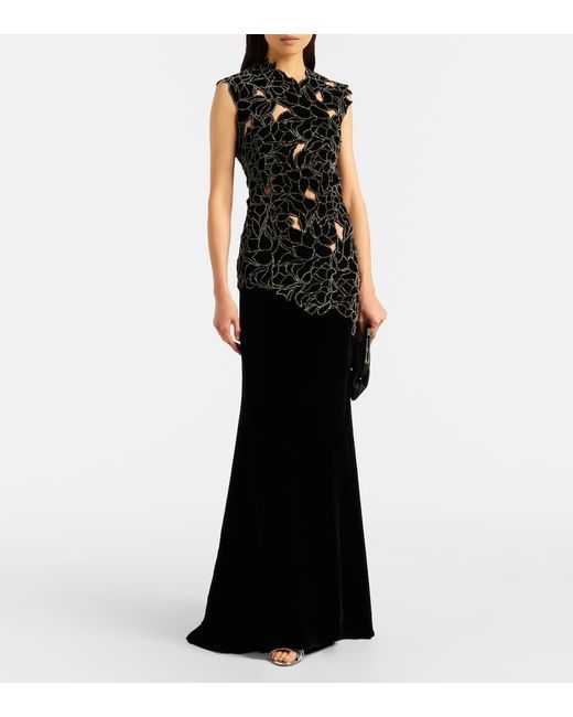 Costarellos Black Serisa Embellished Lace-Trimmed Velvet Gown
