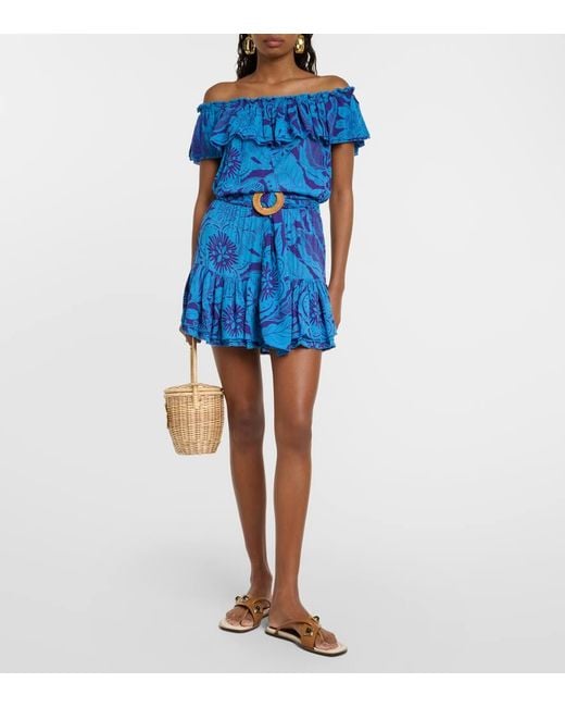 Poupette Blue Bella Printed Off-Shoulder Minidress