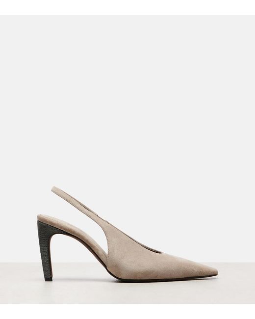 Brunello Cucinelli Natural 80 Monili Suede Slingback Pumps