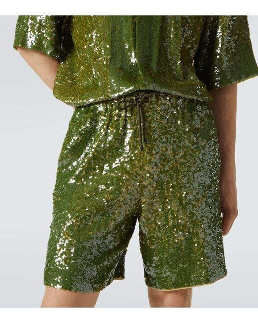 Dries Van Noten Green Sequined Bermuda Shorts for men