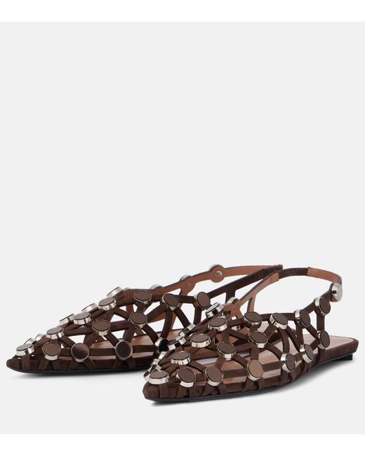 The Attico Brown Grid Embellished Suede Slingback Flats