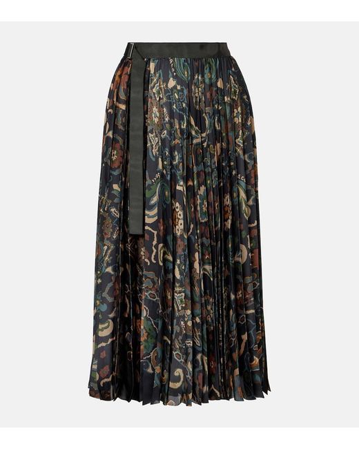 Sacai Black Floral Pleated Midi Skirt