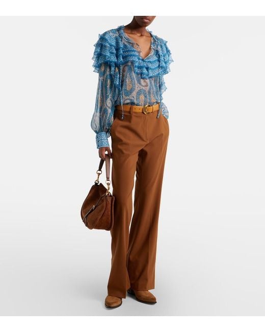 Etro Blue Paisley Ruffled Silk Blouse