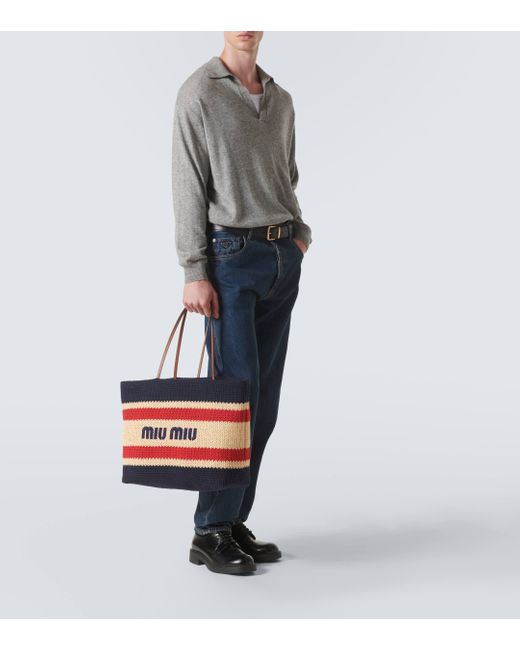 Miu Miu Red Logo Woven Leather-trimmed Tote Bag for men