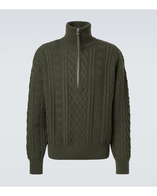 Loewe Green Aran-Knit Wool Half-Zip Turtleneck Sweater for men