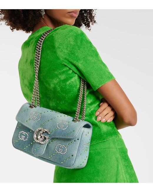 Gucci Blue GG Marmont Embellished Denim Shoulder Bag