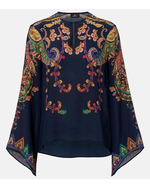 Etro Blue Paisley Printed Silk Blouse