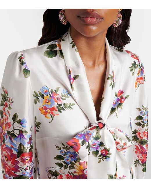 Dolce & Gabbana White Floral Tie-Neck Silk Blouse