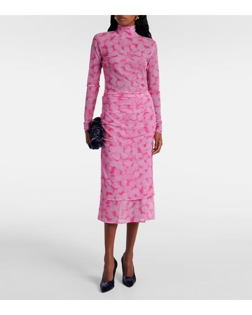 Dries Van Noten Pink Printed Gathered Jersey Midi Skirt