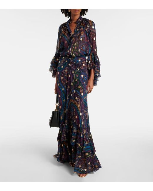 Falda Larga De Seda Con Paisley Y Volantes Etro de color Blue