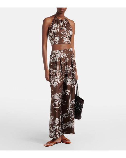 Asceno Brown Isola Printed Silk Twill Wide-Leg Pants