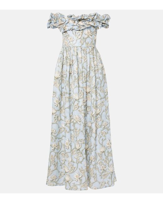 Agua Bendita White Espliego Ruffled Floral Linen Maxi Dress