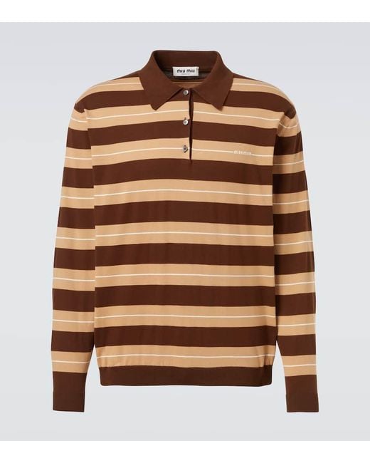 Polo De Algodon A Rayas Con Logo Miu Miu de hombre de color Brown