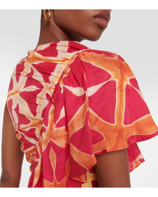 Ulla Johnson Red Lali Ruched Ruffled Printed Silk Gown