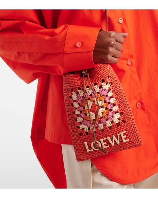 Loewe Red Paula's Ibiza Crochet Raffia Pouch With Strap