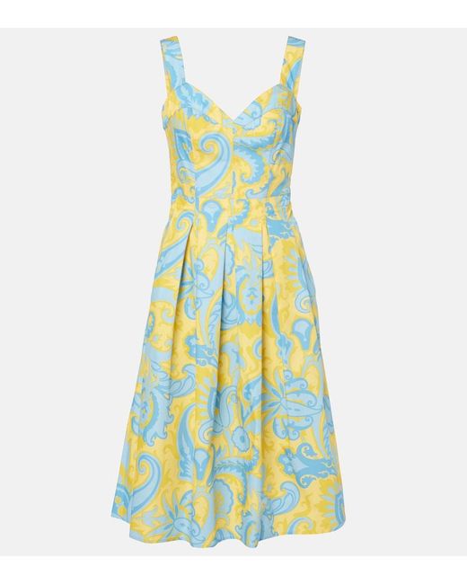 Etro Yellow Paisley Pleated Cotton Midi Dress