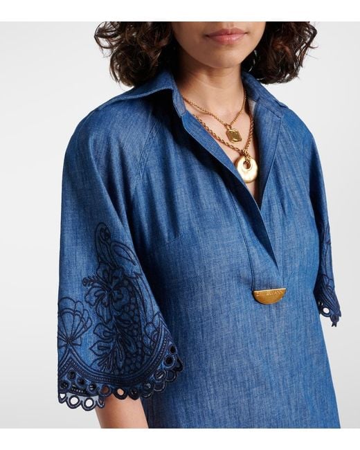 Zimmermann Blue Besticktes Maxikleid Coco Aus Denim